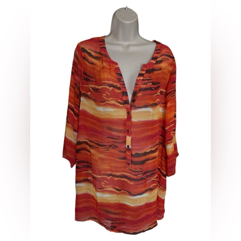 Catherines Vibrant Red,Orange Blouse Sunset Color Sheer Long Sleeve